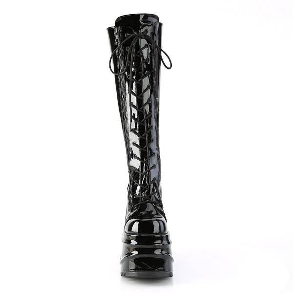 Demonia Wave-200 Black Patent Stiefel Herren D432-019 Gothic Kniehohe Stiefel Schwarz Deutschland SALE